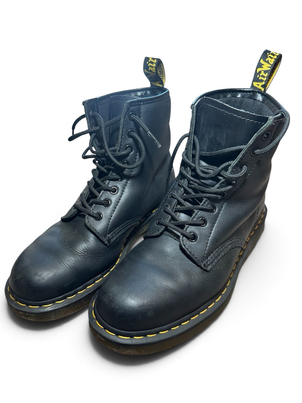 Dr. Martens Black Leather Lace-Up Boots with Yellow Stitching